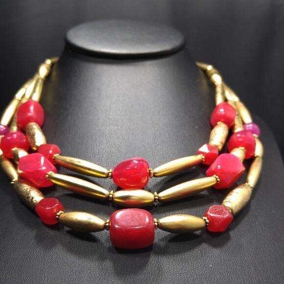 Chico's Red Gemstone 3 Strand Beaded Necklace, 20 Inches, Tested Spinel - Picture 8 of 8